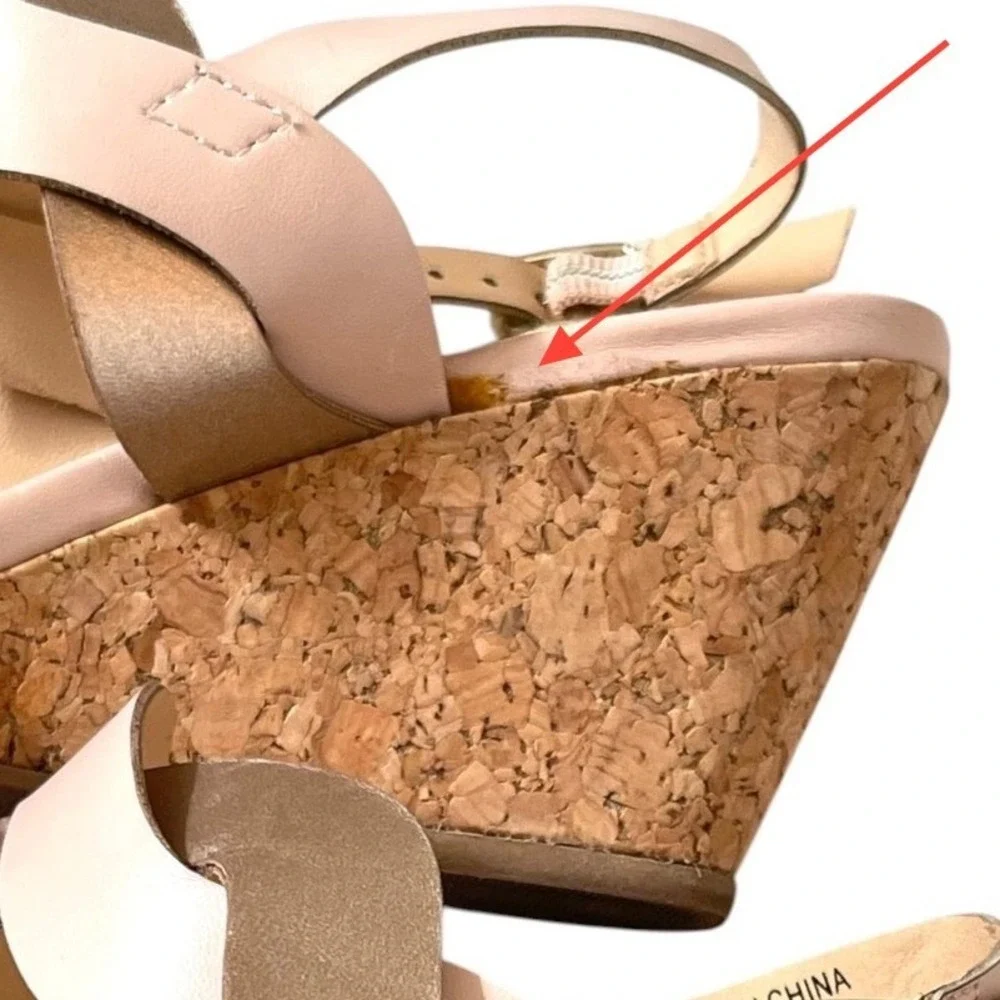 XOXO Women Pink Seaford-C Wedge Sandal 7.5 Metallic Gold Twisted Strap Cork Heel
